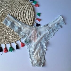 Victoria's Secret Tease Mesh Lace-Trim High-Leg Thong Panty White/Blue XL NEW